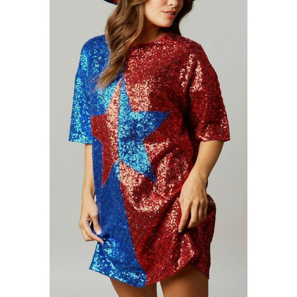 Fantastic Fawn Big Reputation Color Block Sequin Star Dress Red/Blue IFD54232-01 - Picture 2 of 8